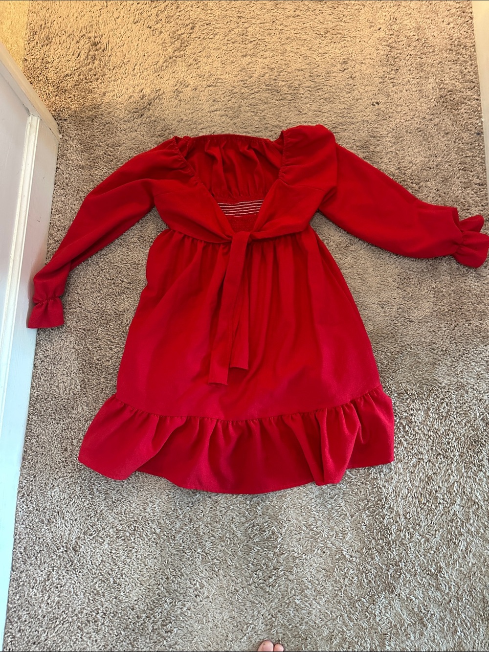 Amazon Girls Red Long Sleeve Ruffle Hem Dress with Front Tie